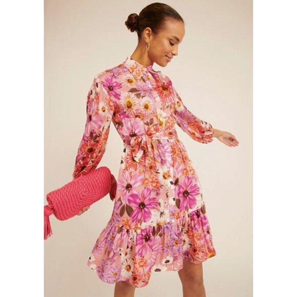 Rachel Parcell Belted Floral Long Sleeve Tiered Shirtdress Botanical Floral 4 - Picture 1 of 16